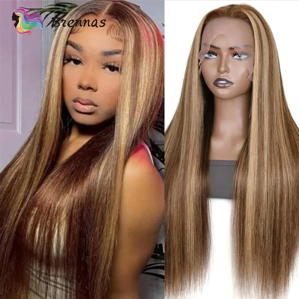 

Ombre Brown Highlight Straight Human Hair Wigs 13x4 Lace Frontal Wig Peruvian Remy Hair Pre Plucked Honey Blonde Wig For Woman