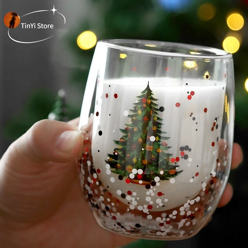 

2PC 300ml Double Wall Christmas Glass Mug Heat Resistant Beautyful Cup For Milk Coffee Water Cup Bar Drinkware Christmas Gift