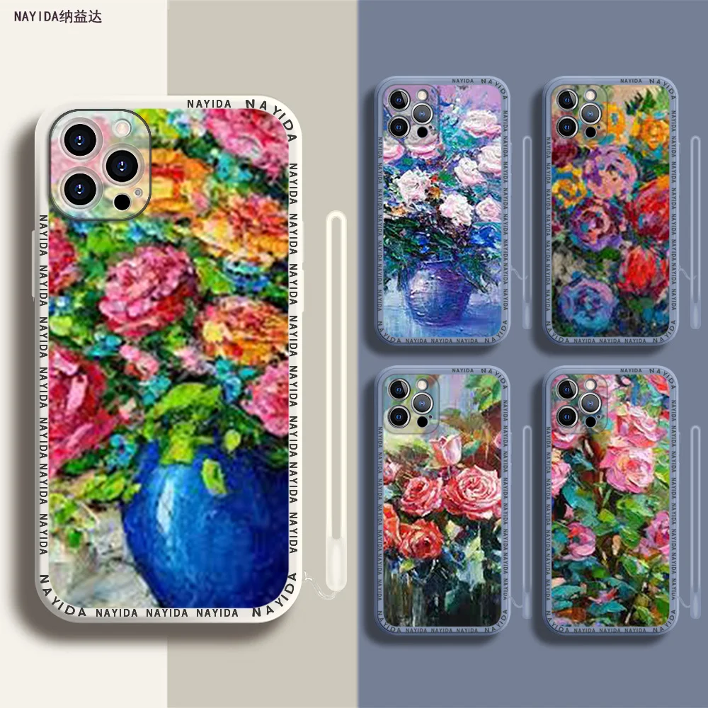 

Soft Silicone Phone Case For iPhone 14 13 11 12 Mini Pro Max XS XR X Blue Lanyard Cover Oil Painting Flower Matte