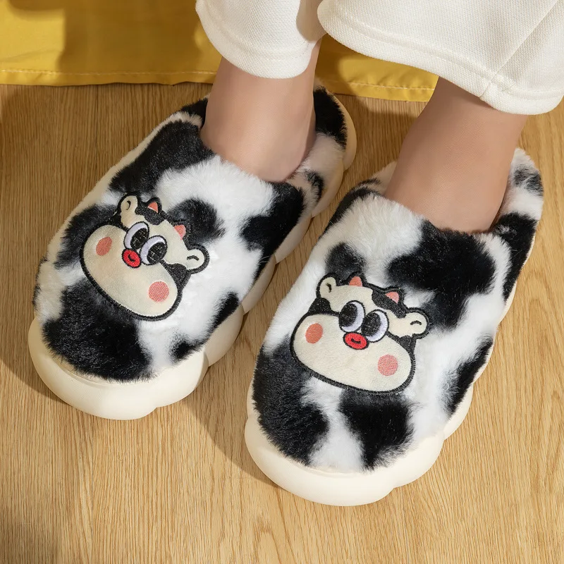Winter Animal Cotton Slippers Women Design Cute Cow Furry Warm Ladies' Slides Indoor Soft Plush Unisex Memory Foam Platform Shoe