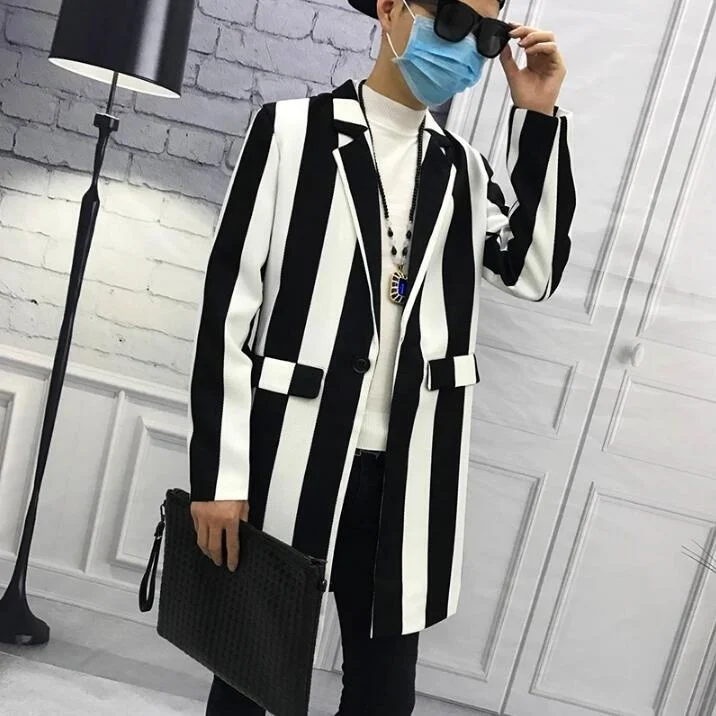 

2022 New Spring thin men's Long windbreaker Blazers Men striped trend coat Slim Casual wild handsome hair stylist male clothing