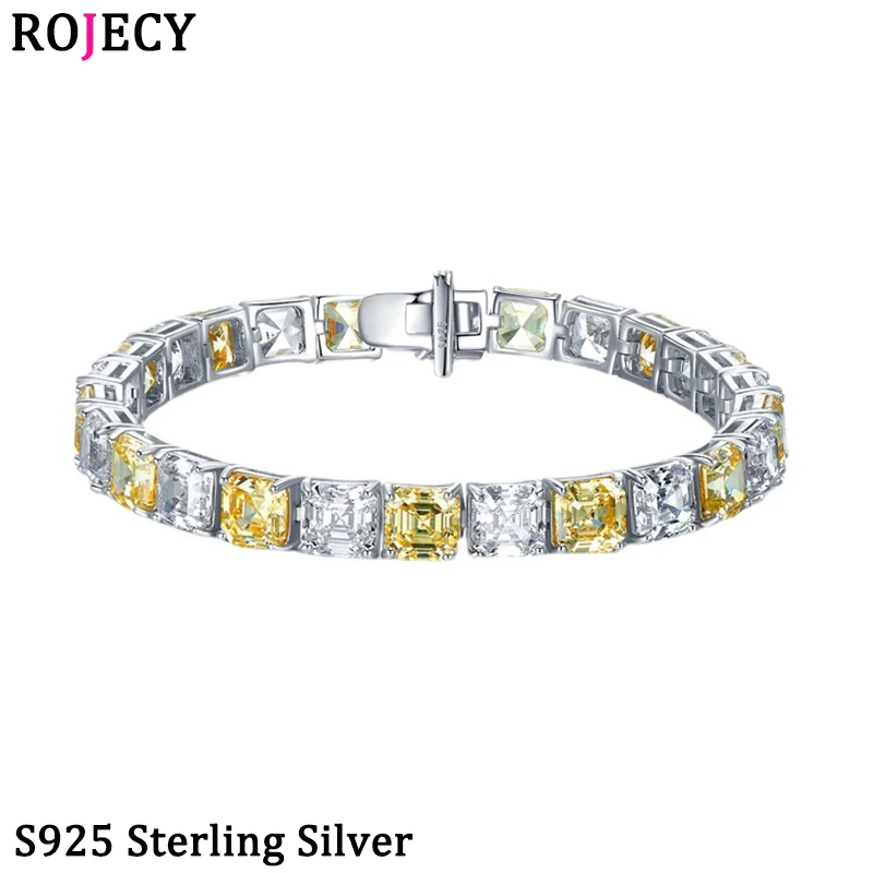 

ROJECY 100% S925 Sterling Silver Square High Carbon Diamond Bracelet Yellow White Sparkling Gemstone Hand Chain Cuff Jewelry