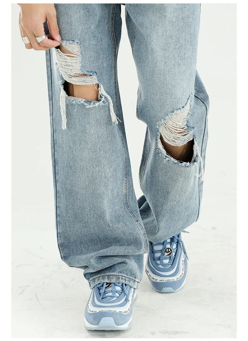 Men's Jeans High Street Ripped Mopping Pants Loose Washed Straight Casual Men's Loose Jeans Y2k Pants Men's Pants Ins Hot Sale