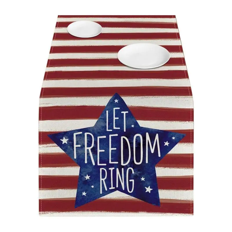 

4th Of July Patriotic Memorial Day Table Runner 13x71 Inch Red Blue White Strips Stars Independence Day Dining Table Decor