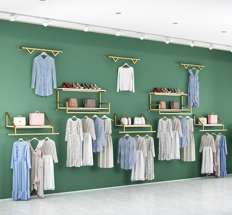

Wall mounted combination shelves on clothing store display shelves