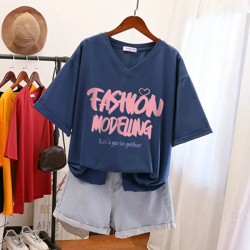 

Женская футболка с коротким рукавом EBAIHUI, летняя футболка большого размера с принтом букв и V-образным вырезом, 100% хлопок