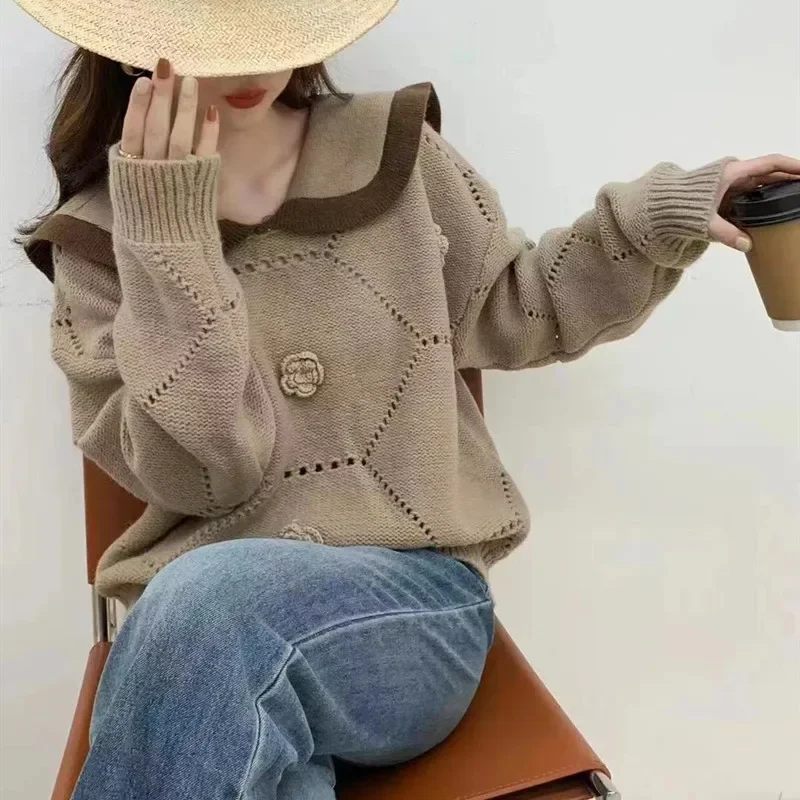 MJG Свободный вязаный топ с кукольным вырезом в корейском стиле осень 2024