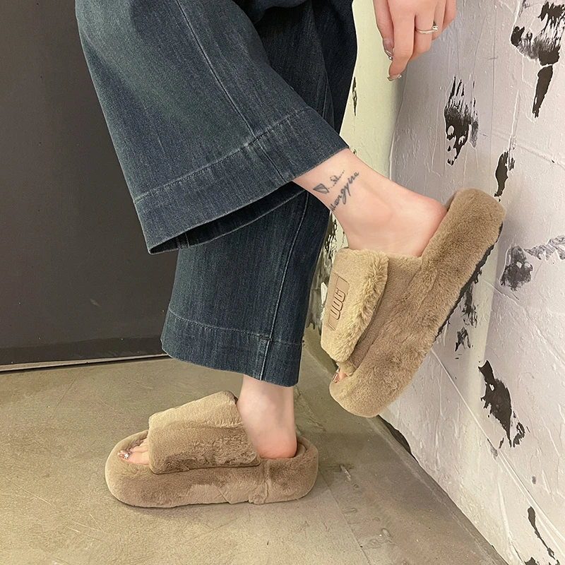 Comwarm Winter Fluffy Fur Slippers Women Fashion Plush Fuzzy Indoor Open Toe Flats Cotton Shoes Comfort House