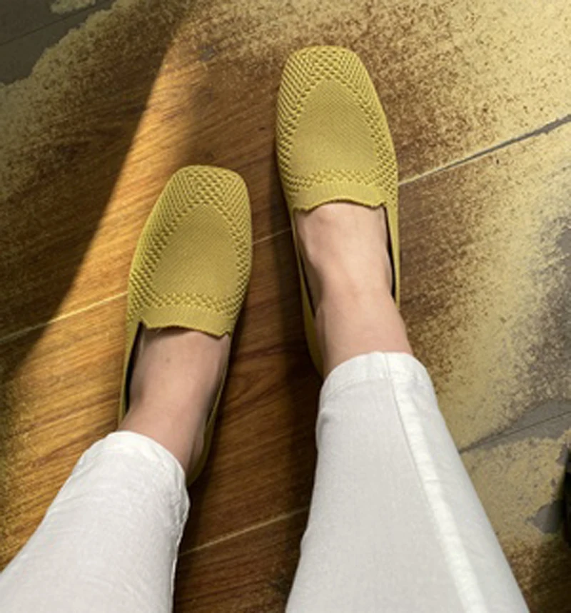 2022Spring New Mesh Ballet Flats Women's Square Toe Daily Loafers Breathable Flats Comfortable Stretch Cloth Sneakers Boat Shoes
