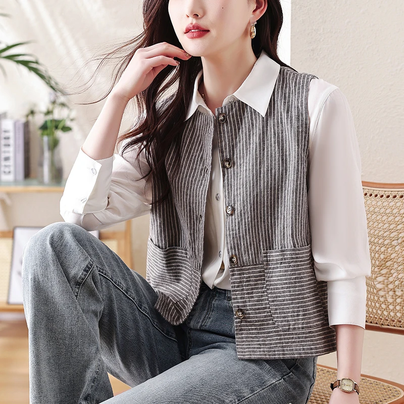 Новинка 2024 модный весенне-осенний полосатый Повседневный жилет из хлопка и льна