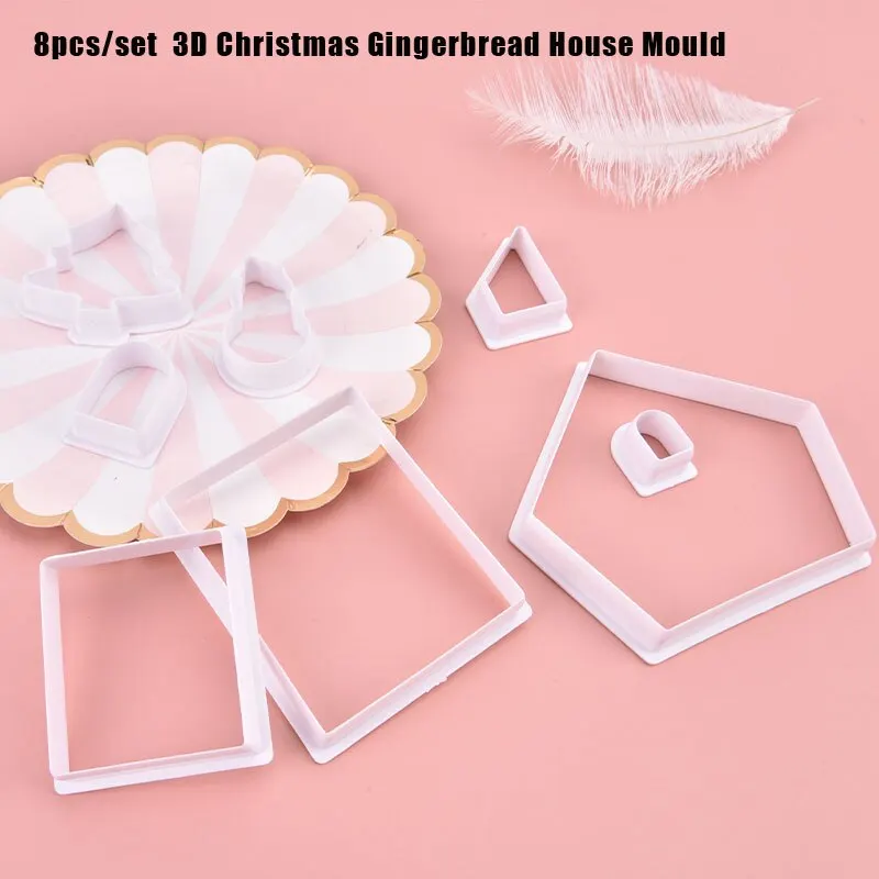

8Pcs Plastic Cookie Cutter Set 3D Christmas Gingerbread House Mould DIY Biscuit Mold Pastry Cake Stamp Baking Tools Accessories