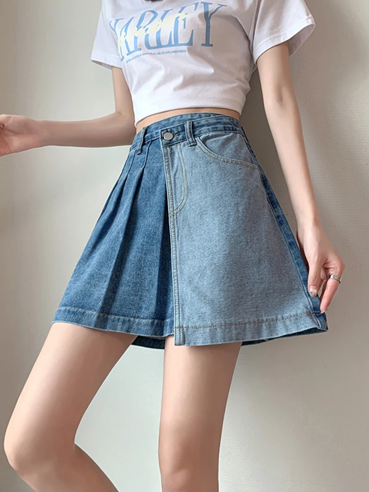 Summer Casual Women Empire Slim Pleated Denim Shorts Vintage Lady High Street Wide Leg Denim Culottes