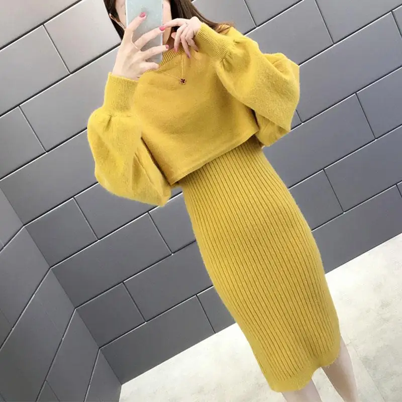 

Woman Autumn Fashion Knitted Dress Suits Female Long Cardigan Tops and Package Hip Midi Dresses Ladies Two Pieces Sets G176