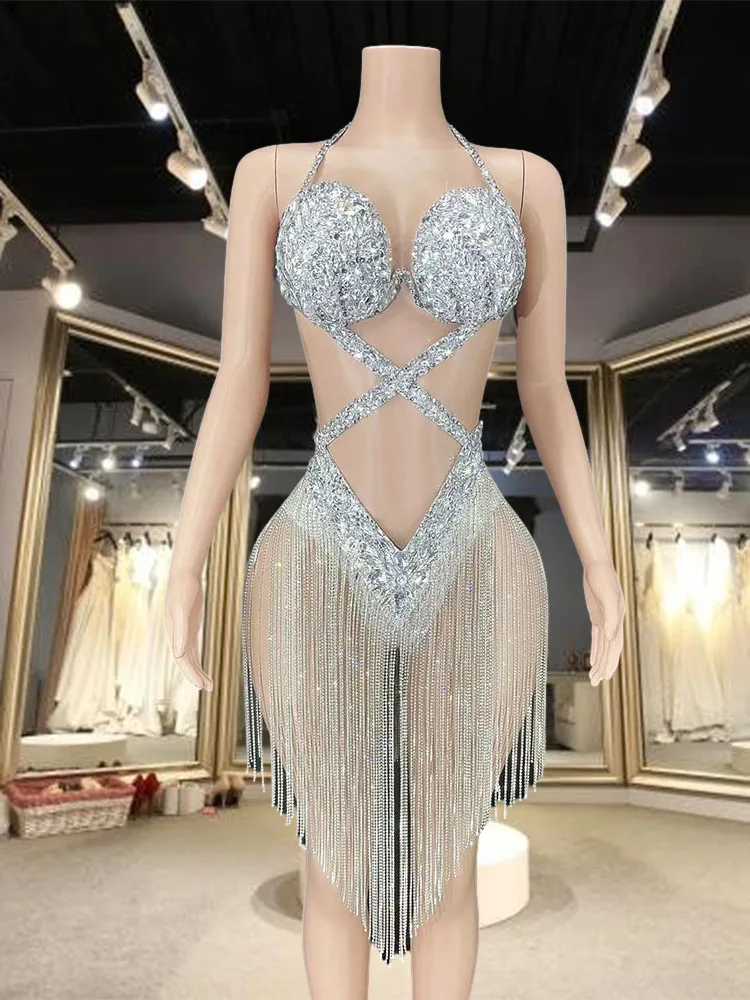 Sparkly Gala Scene Rhinestones Bra Body Chain Nude Mini Dress Sexy Nightclub Full Stones Costume Prom Birthday Celebrate Dresses