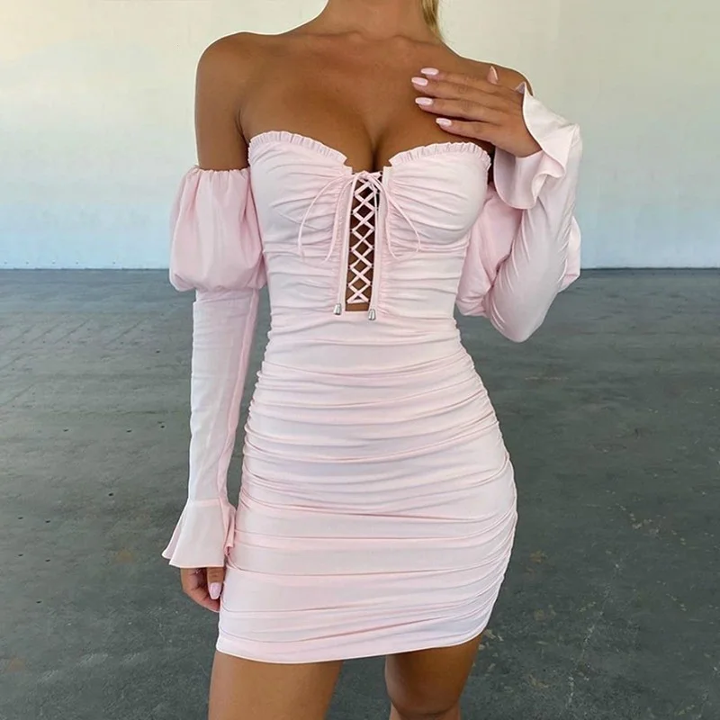 

Sexy Hollow Party Dress Strapless Puff Sleeve Fashion Shoulder Strap Zipper Pleated Suit Short Tight Birthday Dress for Women