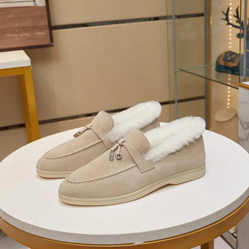 Luxury Wool Warm and Plush Snow Leather Loafers Shoes for Women  Spring and Autumn Casual Shoes Comfortable Walking Shoes
