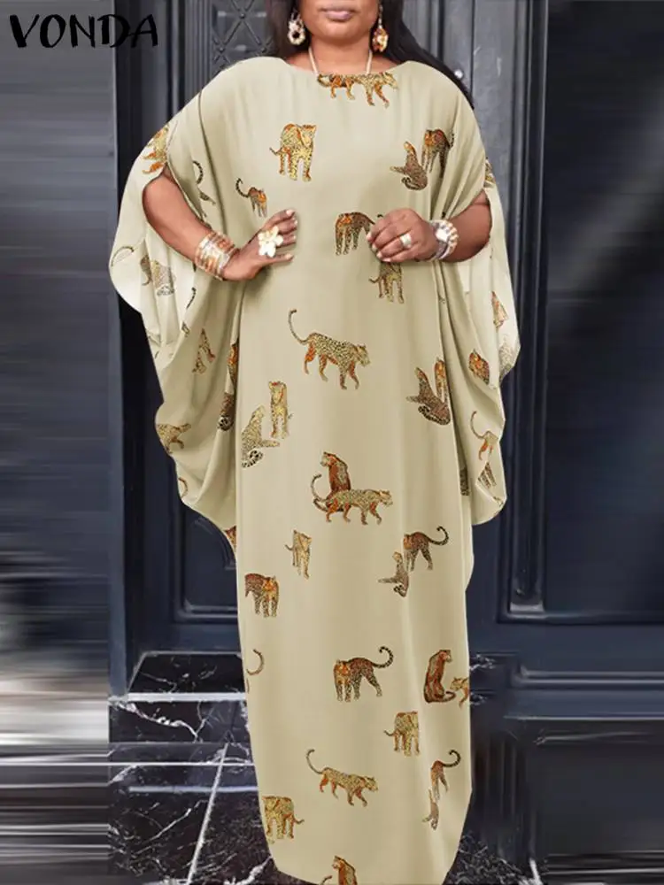

VONDA 2022 Women Kaftan Dress Vintage Short Sleeve Printed Dress Holiday Summer Sundress Pleated Party Vestidos Femme Robe 4#