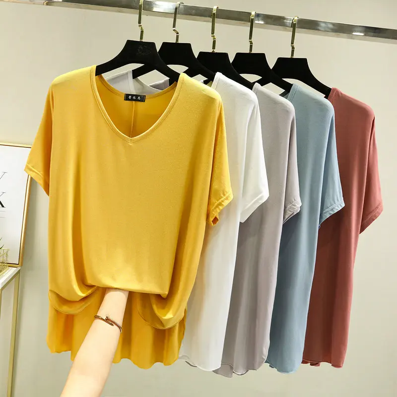 

Spring and Summer Modal V-neck Oversize Loose T-shirt Simple Roomwear Short Sleeved Ladies Top Bottoming T Shirt Women