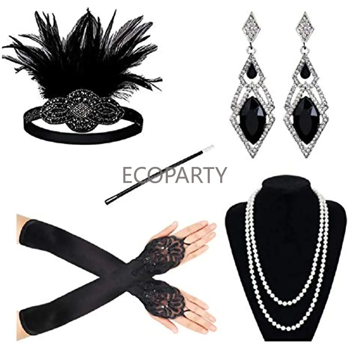 

1920s Women Vintage Flapper Gatsby Costume Accessories Set 20s Headband Pearl Necklace Gloves Cigarette Rod Earring Set