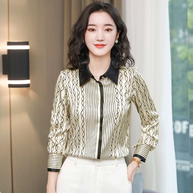 

Satin Women's Blouse New Fashion Casual Shirt Lapel Wire Loose Retro Printing Top Spring Long Sleeved Female Clothing