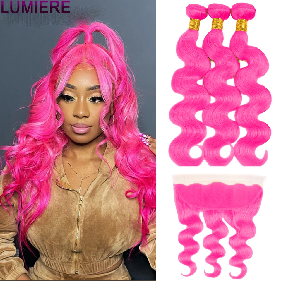

Lumiere 10"-28" Rose Pink Body Wave Machine Double Weft 100% Remy Human Hair Bundles With 4X4 Closure And 13X4 Frontal For Women