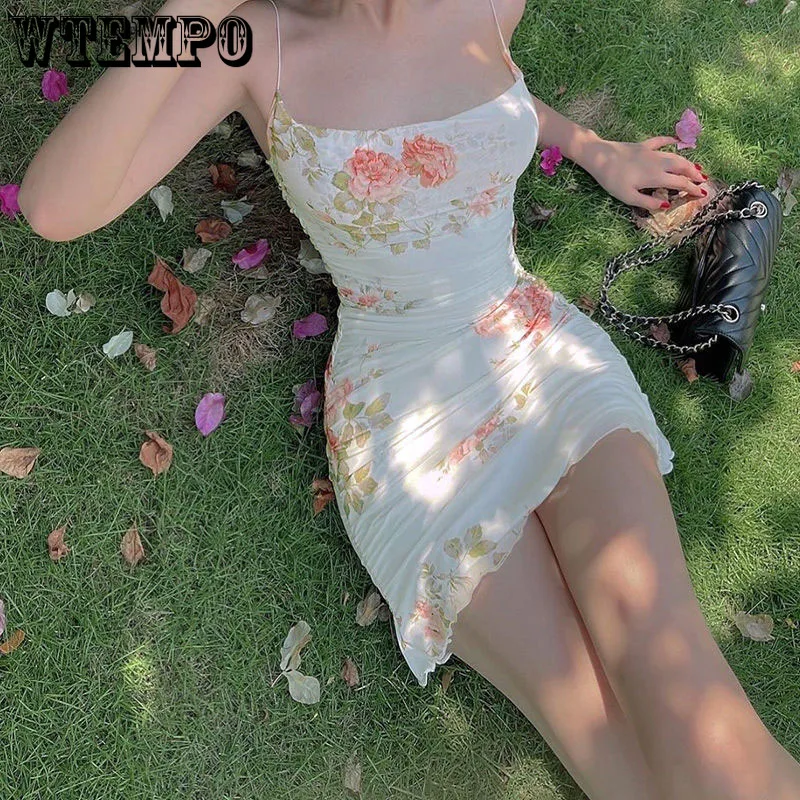 

WTEMPO Flower Sling Dress Female Summer Self -cultivation Lean Sexy Printing Sheath Mini Summer Dresses Drop Shipping Clothing