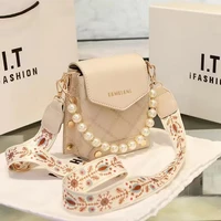 fashion women pu leather shoulder crossbody bag with wide strap pearl handle portable small stitching embroidery handbags