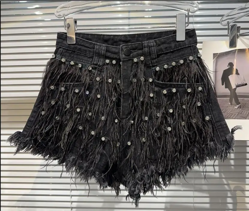 Exquisite Rhinestone Beaded Feather High Waist Denim Shorts for Women's Blue Jeans Shorts DS Nightclub Sexy Hot Pants Fashion