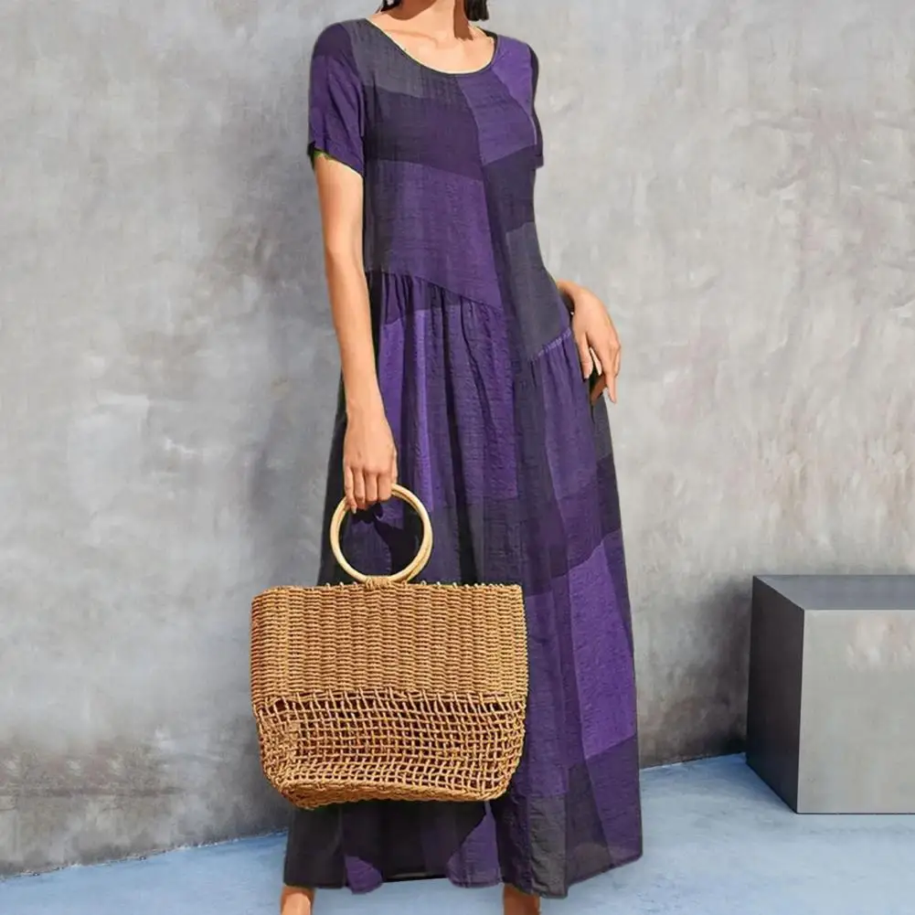 

Women Maxi Dress Summer Round Neck Patchwork Contrast Color Loose Hem Pleated A-line Ankle Length Short Sleeves Dress