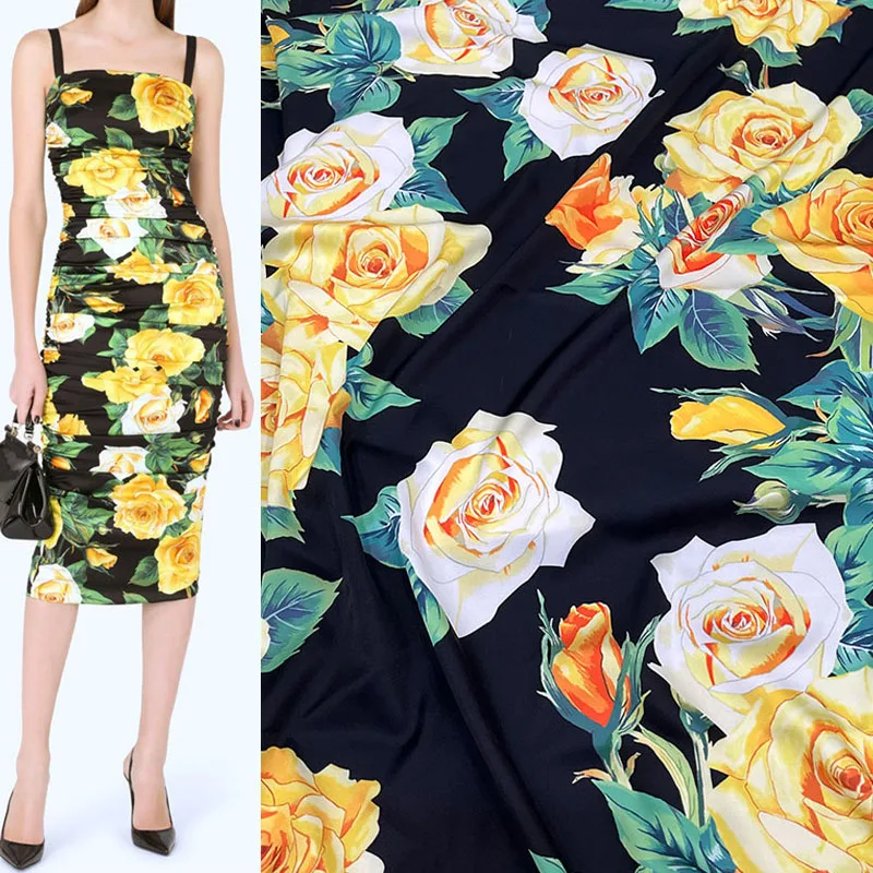 Желтая роза с принтом имитирующая шелковую атласную ткань для женщин платье