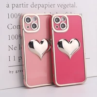 rose pink glossy 3d love heart phone case for iphone 11 12 13 pro max shockproof soft electroplated cute bumper back cover