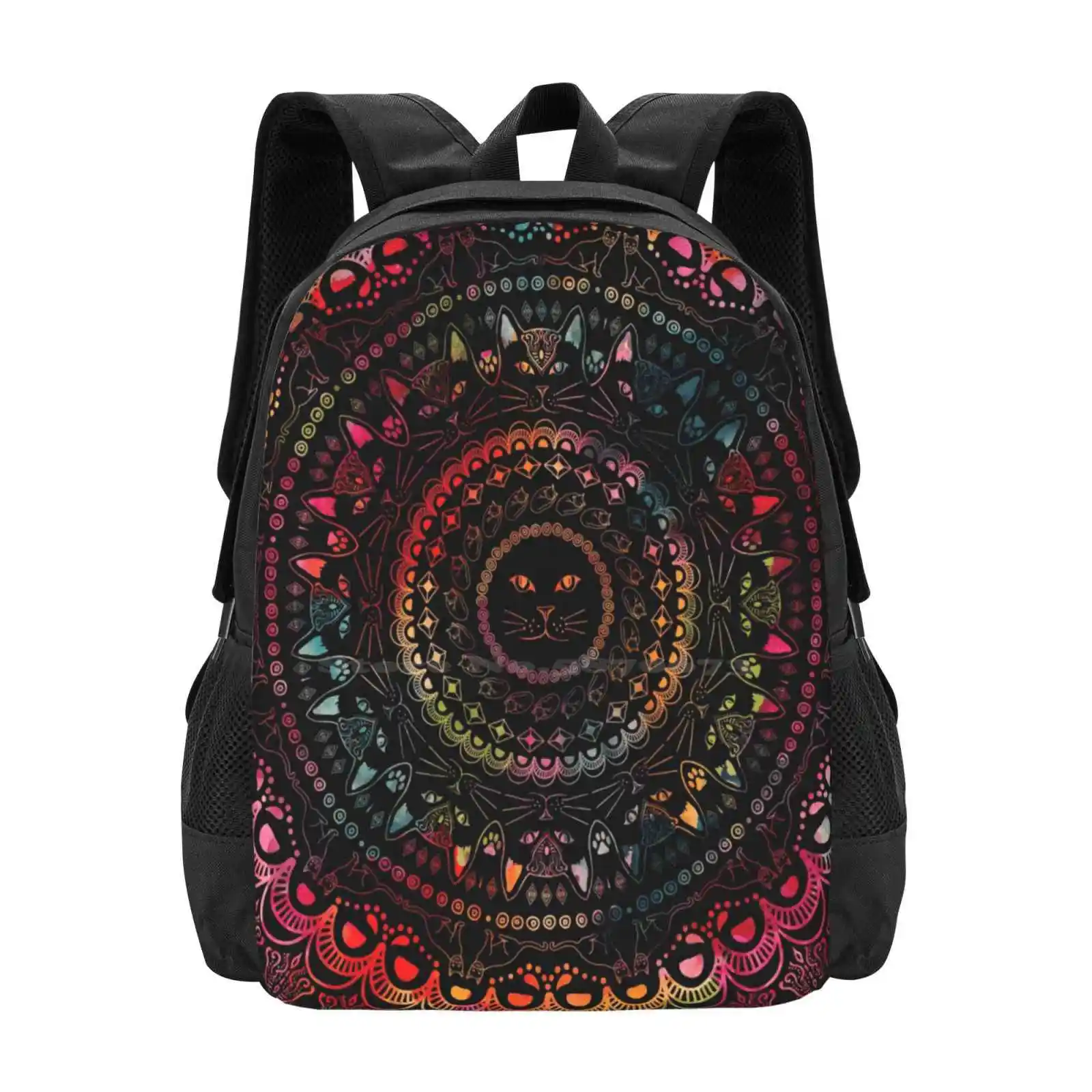 

Rainbow Kitty Cat Mandala Backpack For Student School Laptop Travel Bag Kitty Feline Kitten Glowing Trippy Psychedelic