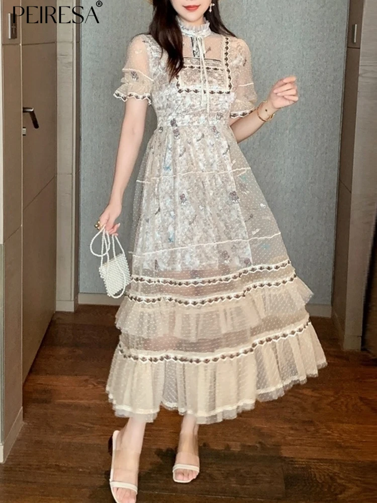 

Женское кружевное платье пэчворк PEIRESA, винтажное длинное платье во французском стиле с оборками и воротником-стойкой, с коротким рукавом, лето 2023