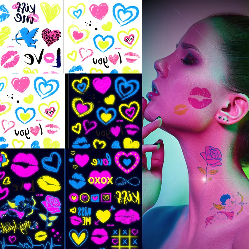 

Love Fluorescent Tattoo Sticker Environmentally Friendly Material Temporary Skin Art Tattoo Luminous Arm Body Night Party Decals