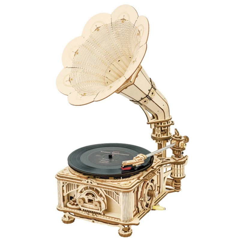 

DIY Hand Crank Classic Gramophone Wooden Puzzle Model Building Kits Assembly Toy Gift For Children
