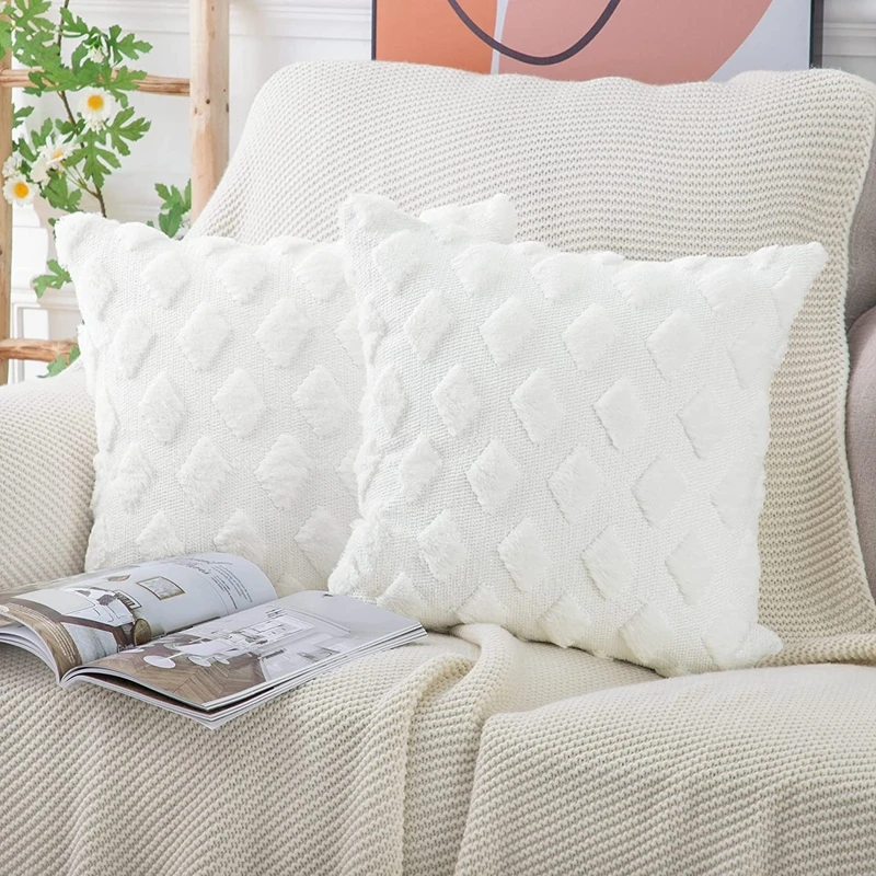

Inyahome Set of 2 Soft Plush Short Wool Velvet Decorative Throw Pillow Covers White Square Luxury Style Pillow Shell for Sofa