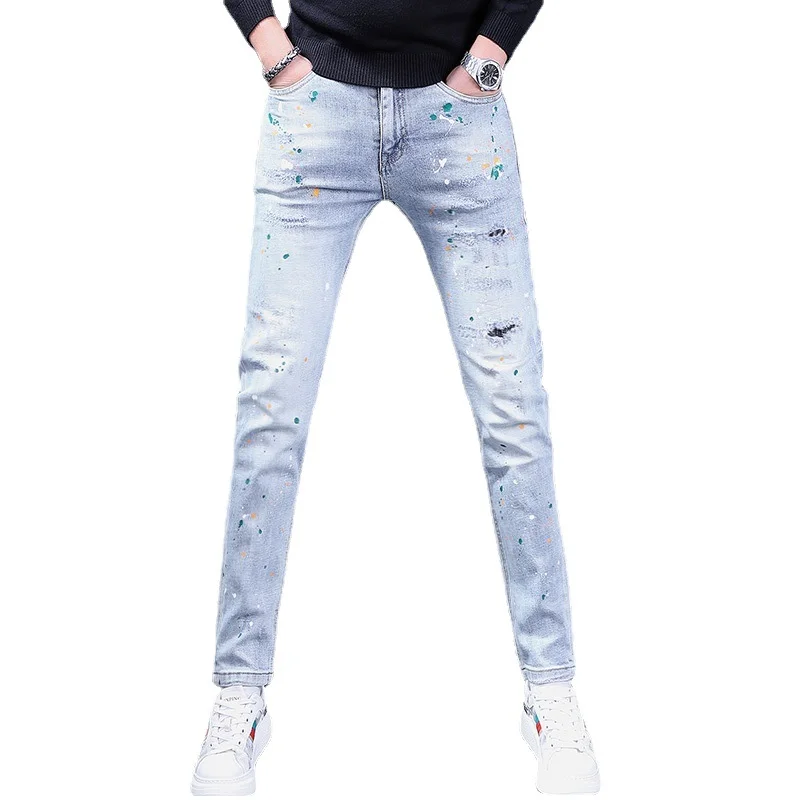 Ripped Patches Light Blue Jeans Men Autumn Slim Fit Straight Pants Streetwear Fashion Dots Printed Denim Trousers CP2011
