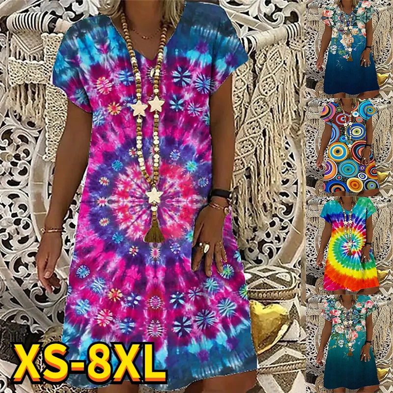 

2022 Summer Women's New Design Printed Painting Dress V Neck Loosen Casual Dress Knee Length Fational Female Dress New