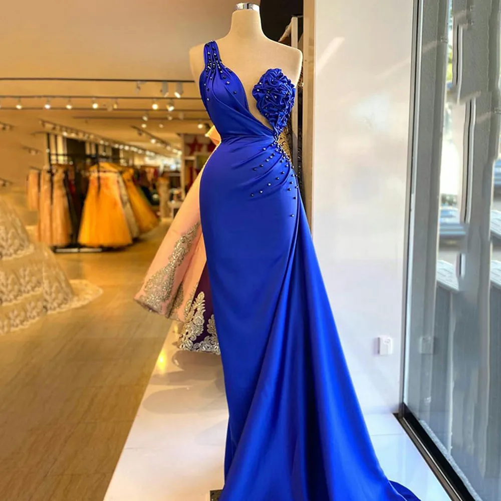 

Royal Blue Prom Dresses One Shoulder Crystal Beading Luxurious Long Evening Dresses Elegant Women Party Robes Limited