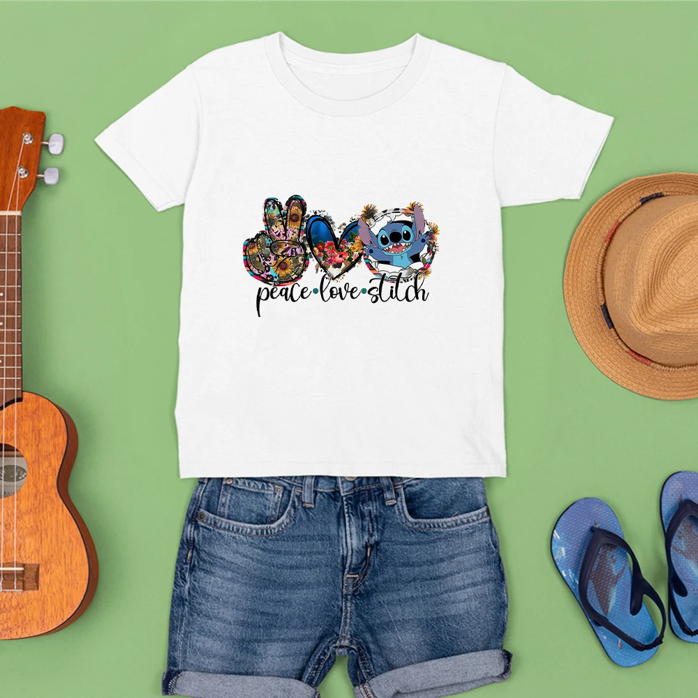 

Love & Peace Print Disney Kids Stitch Print T-Shirts 3-12T Outdoor White Short Sleeve Girls Clothes Popular Comfy Child T Shirt