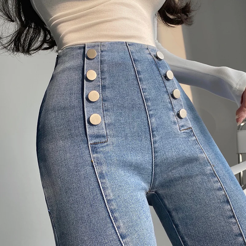 

sweet Sexy High Waist Elastic Tight Slim Leggings Double Breasted Pencil Pants Jeans Denim Trousers Korean Women 4SK5