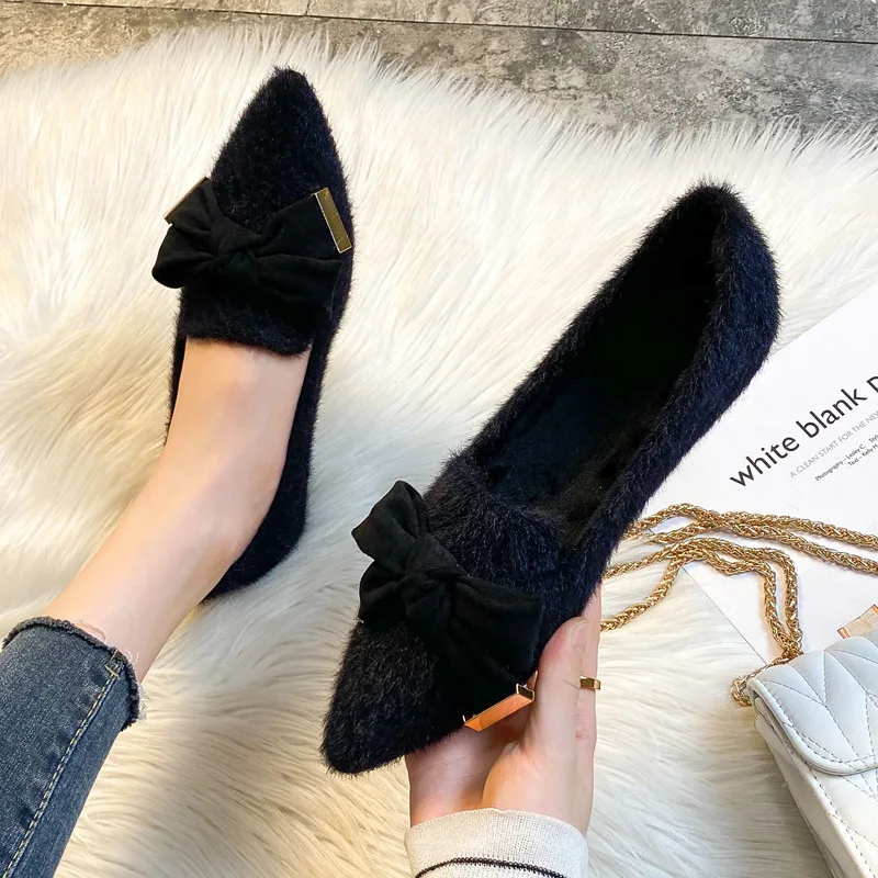 Plus Size 35- 42 43 Women Faux Fur Flats pointed toe Bow Winter Warm Pumps Shoes Plush Lining Lady Loafers Female Shoes A88-21