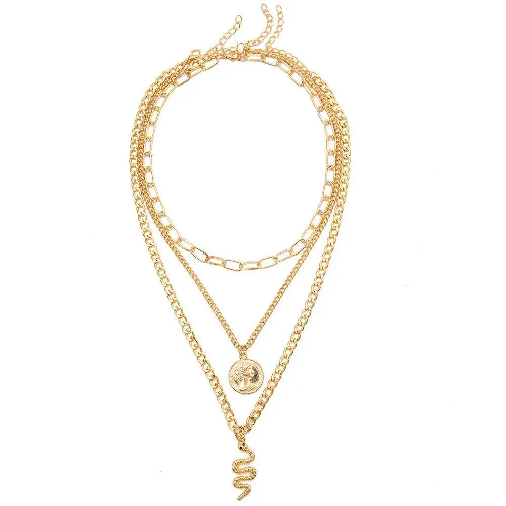 

Coin Snake-shaped Pendant Collarbone Chain Necklace Ins-style High-grade Creative Thick Chain Three-layer Necklace