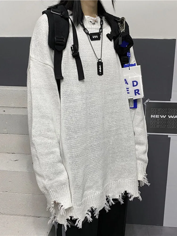 Рваный свитер PFNW уличная одежда в стиле хип-хоп однотонный пуловер с круглым