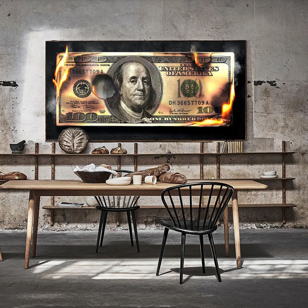 

2022 New Gold Black Figures Burn Dollar Wall Art Money Pictures Abstract Posters Canvas Paintings Home Decor
