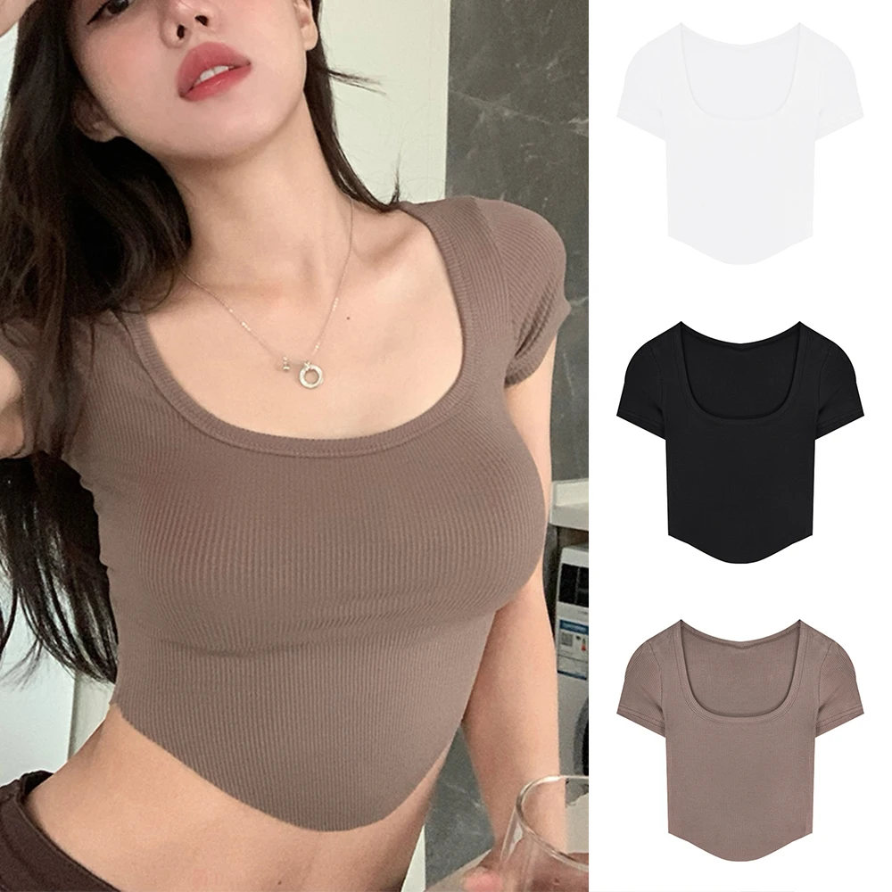 

Women's Short Sleeve Slim T-shirt Solid Color Basic Tee Square Crop Top Korean Fashion Skinny Fitness Fashion Breathable Blouse