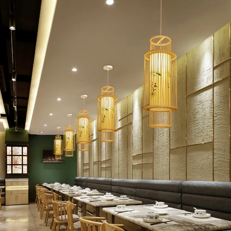 

Bamboo Pendant Lamp Hand Knitted Chinese Style Weaving Hanging Lamps 60/84cm Restaurant Home Decor Lighting Fixtures
