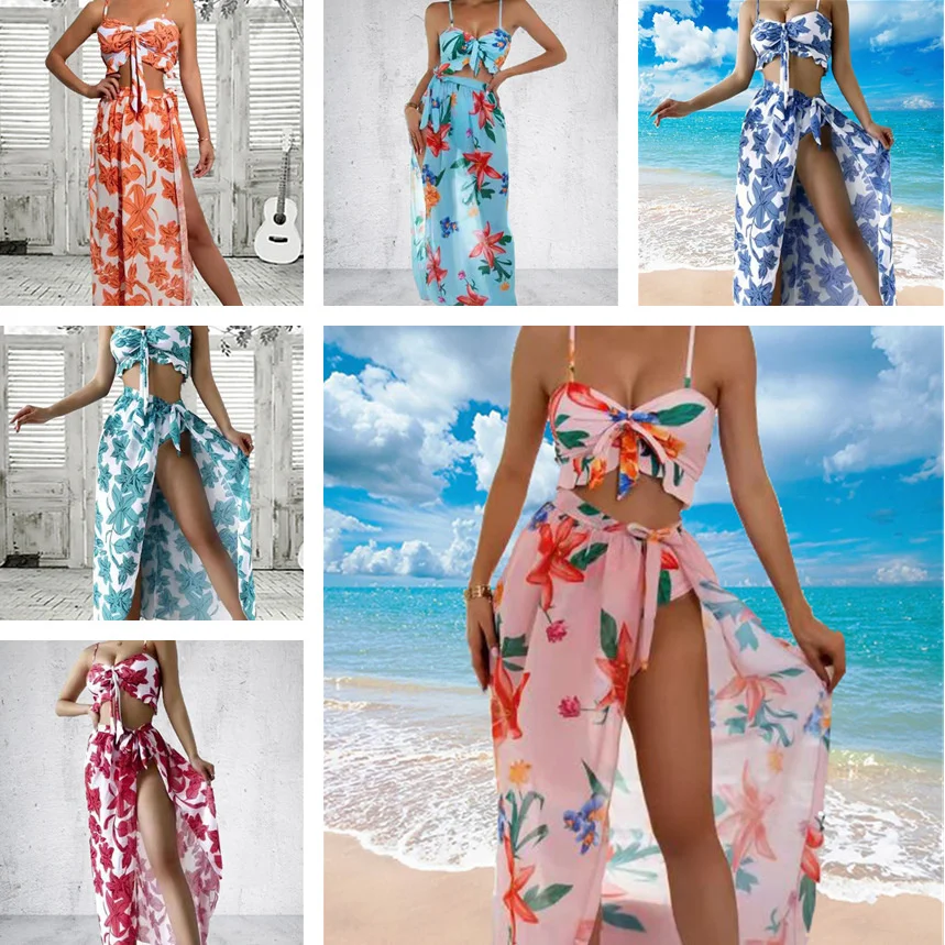 

2022 New Three Piece Set Plant Printed Bikini Three Piece Swimsuit Bikini