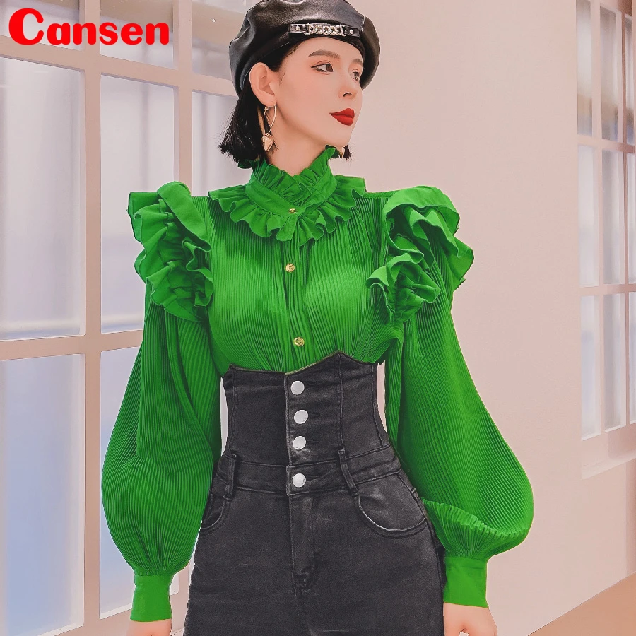 

Женская винтажная шифоновая блузка Cansen, зеленая плиссированная рубашка с оборками, роскошная белая блузка с длинным рукавом и рюшами