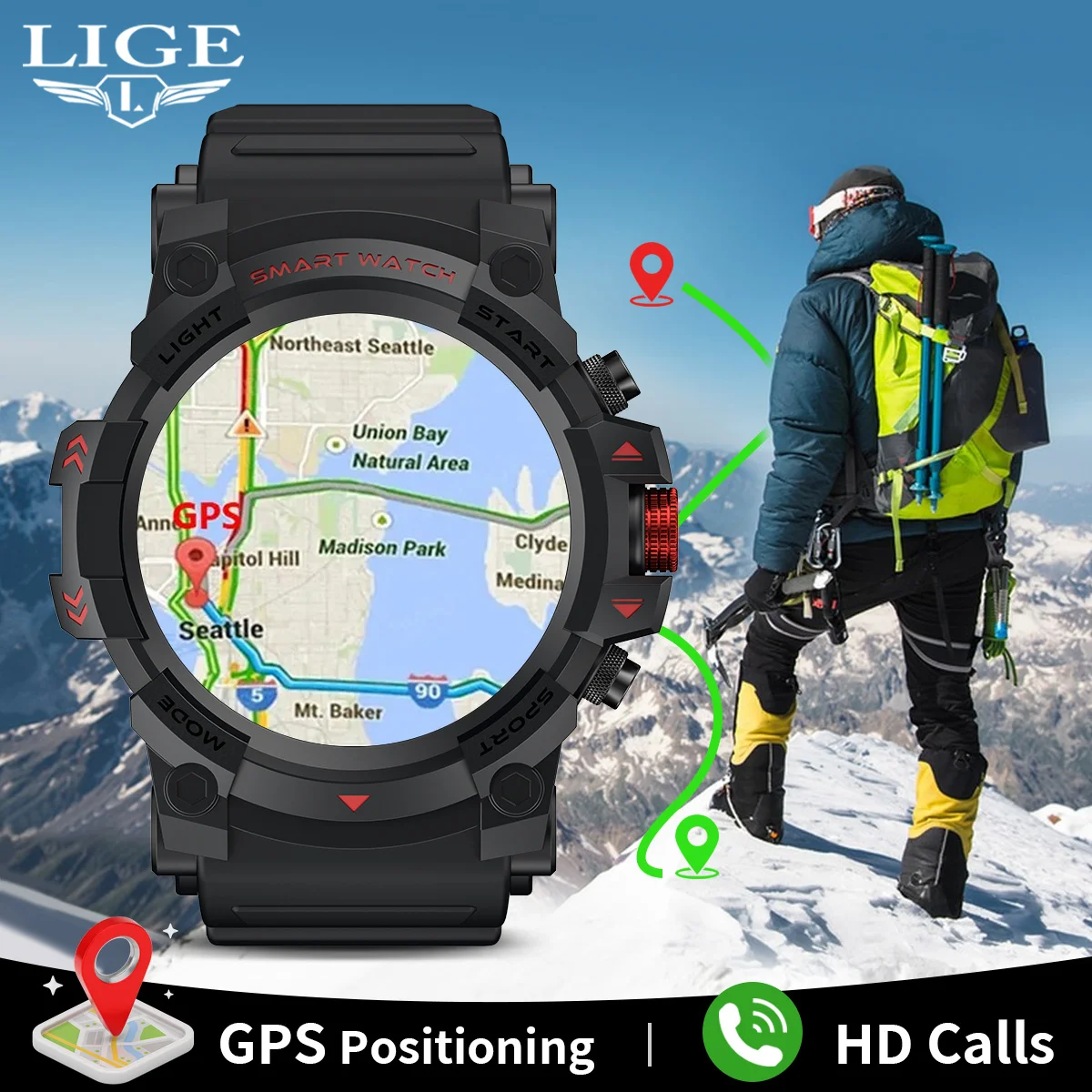 

LIGE New GPS Smart Watch Men Outdoor Sports Fitness Bracelet Bluetooth Call IP67 Waterproof Clock Men Smartwatch For Android IOS